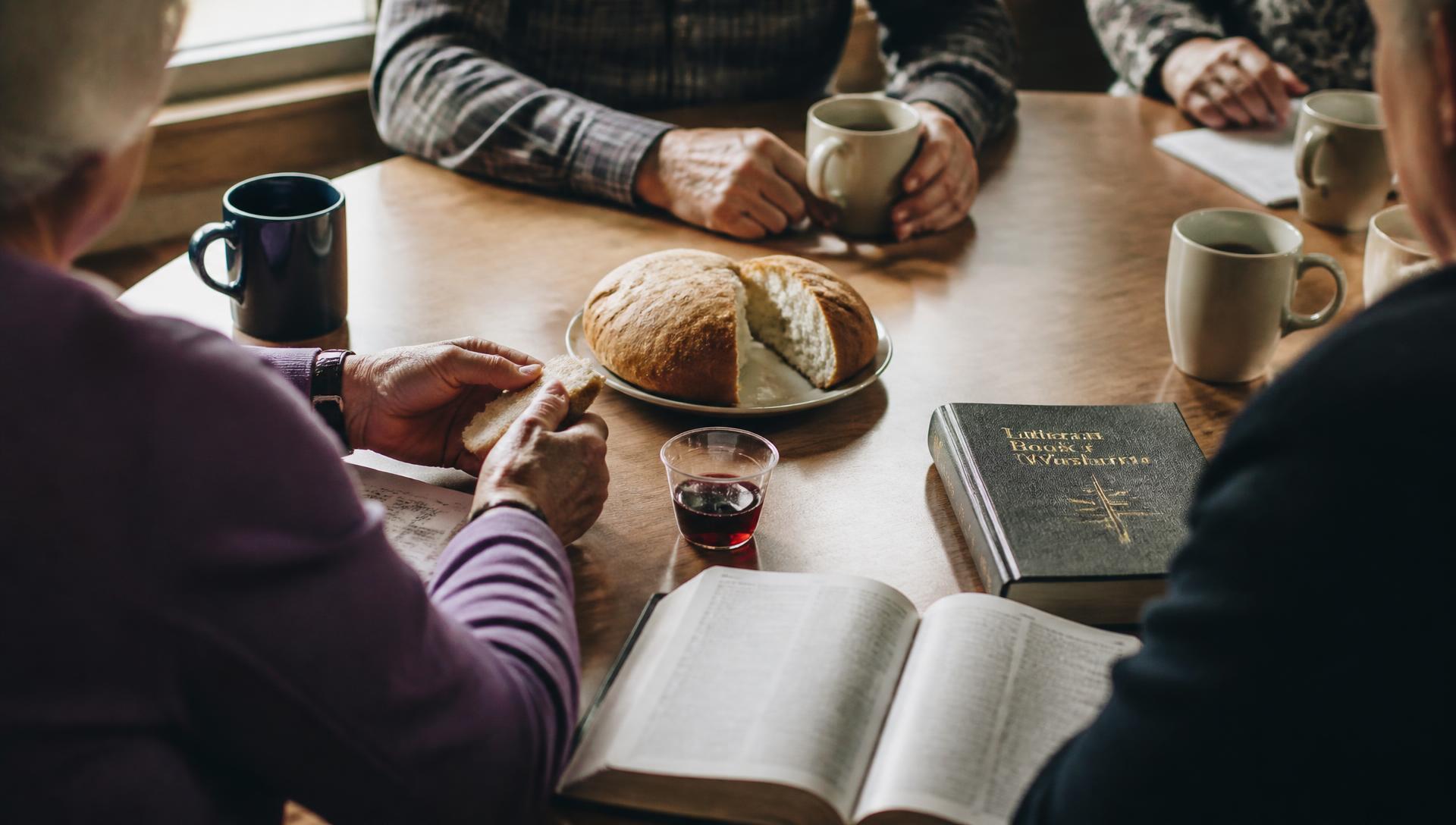 Hands gathered around a wooden table with bread, coffee, a hymnal, and an open Bible in warm window light